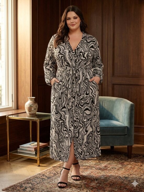 Source Unknown Jackets & Blazers - Abstract Crinkle Long Duster Jacket Ivory & Black 3X
